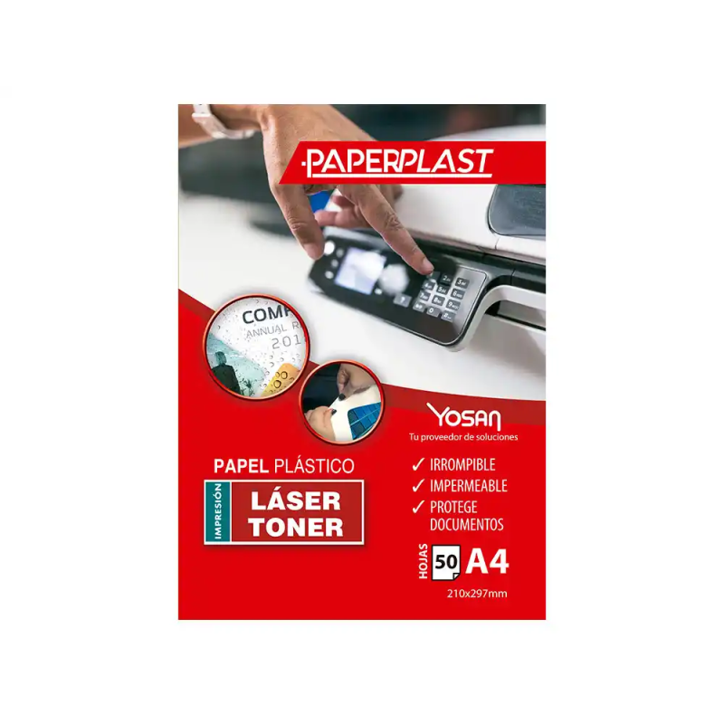 Papel plastico yosan paperplast poliester blanco brillo din a4 120 mc imprimible paquete de 50 hojas