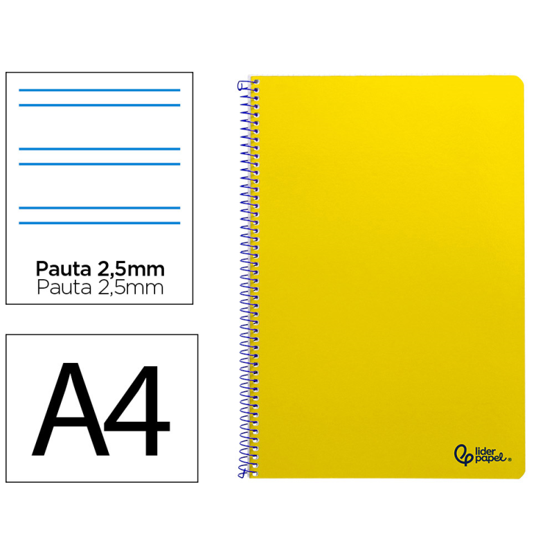 Cuaderno espiral liderpapel a4 smart tapa blanda 80h 75gr pauta 2,5mm con margen color amarillo