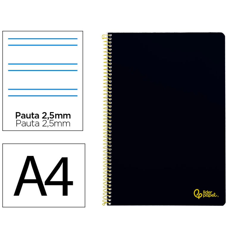 Cuaderno espiral liderpapel a4 smart tapa blanda 80h 75gr pauta 2,5mm con margen color negro