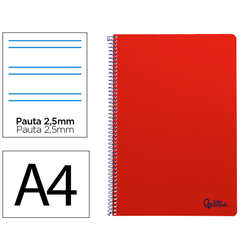 Cuaderno espiral liderpapel a4 smart tapa blanda 80h 75gr pauta 2,5mm con margen color rojo