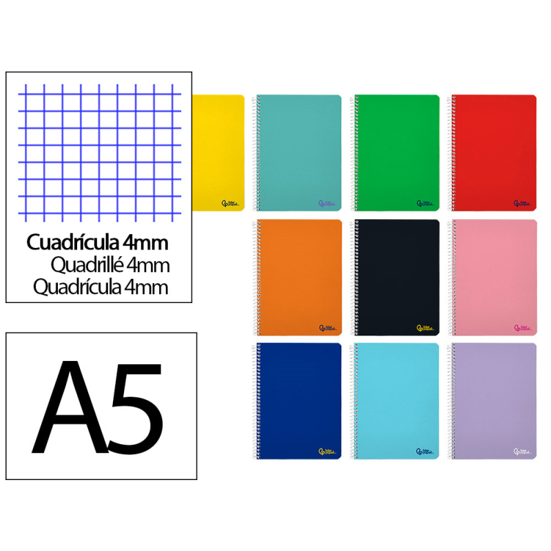 Cuaderno espiral liderpapel a5 smart tapa blanda 40h 75gr cuadro 4mm con margen colores surtidos