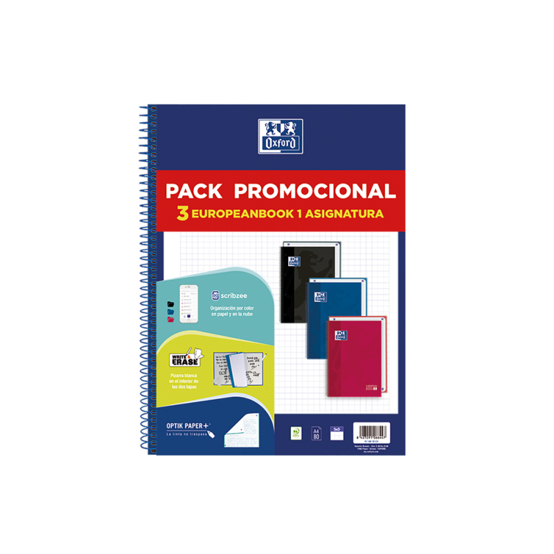 Cuaderno espiral oxford ebook 1 school tapa extradura din a4+ 80h cuadro 5 mm pack de 3 unidades colores surtidos