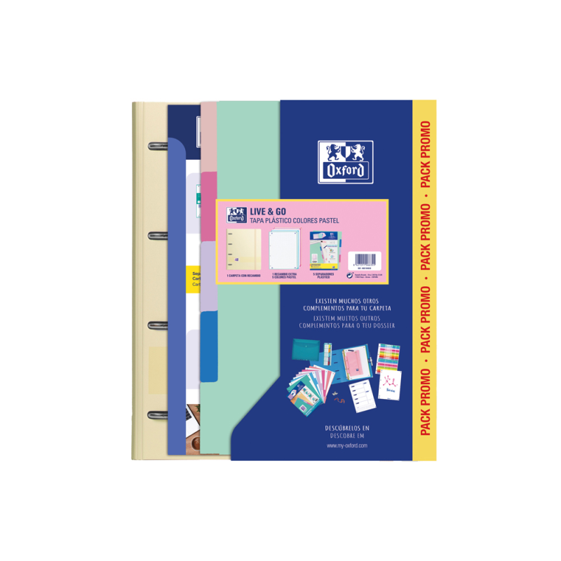 Pack carpeta con recambio oxford ebinder l&g pastel + recambio 4 anillas 80 h + juego 5 separadores