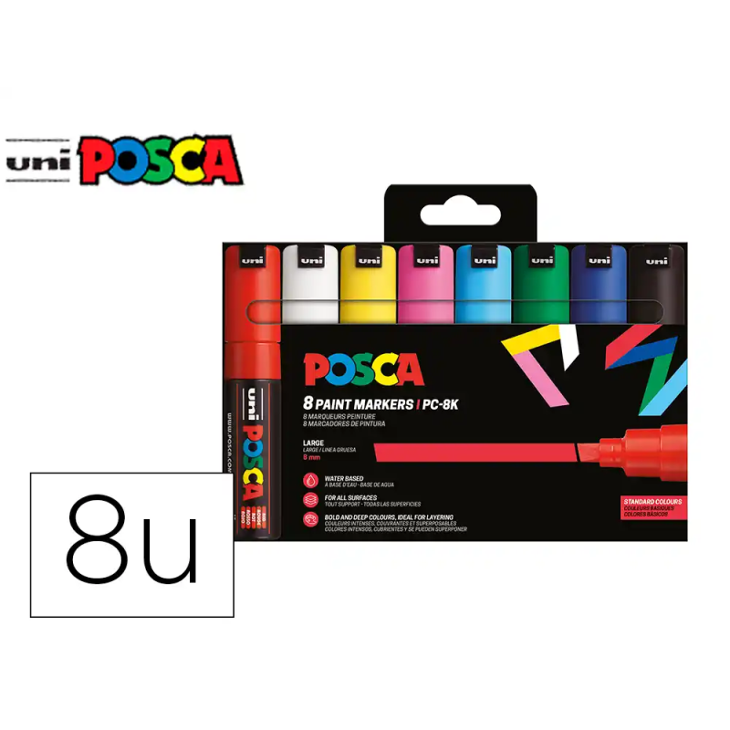 Rotulador uni posca pc-8k/8c marcador de pintura punta biselada 8 mm estuche de 8 unidades colores basicos