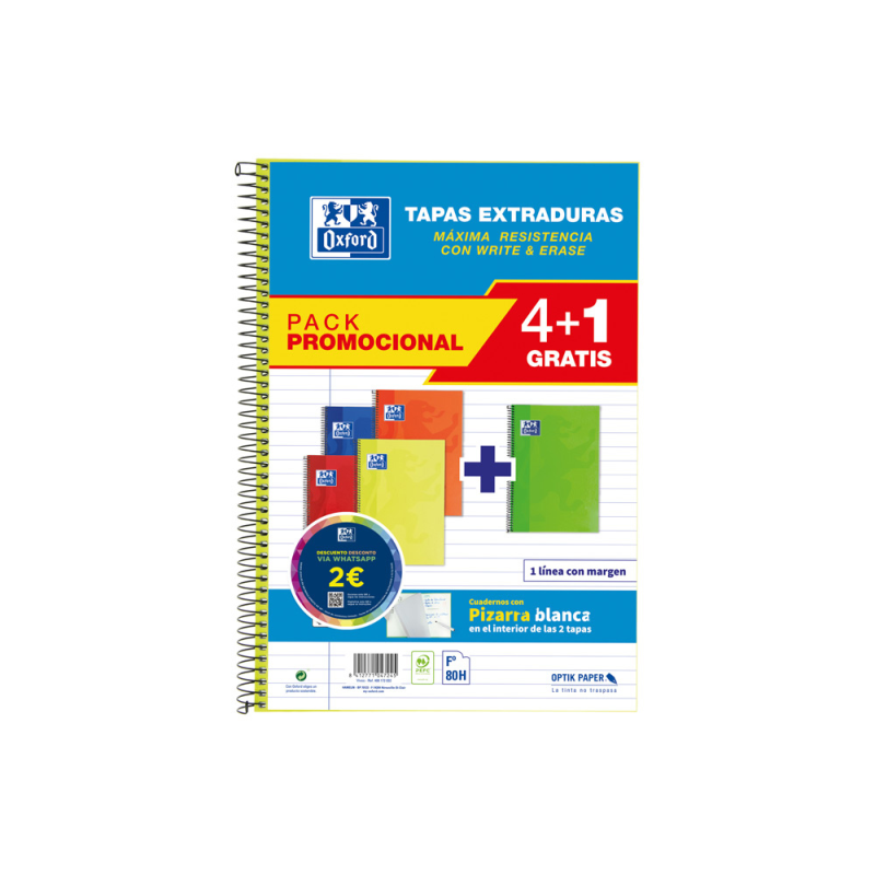 Cuaderno espiral oxford tapa extradura folio 80 hojas 90 gr rayado horizontal colores vivos pack de 4+1 unidades