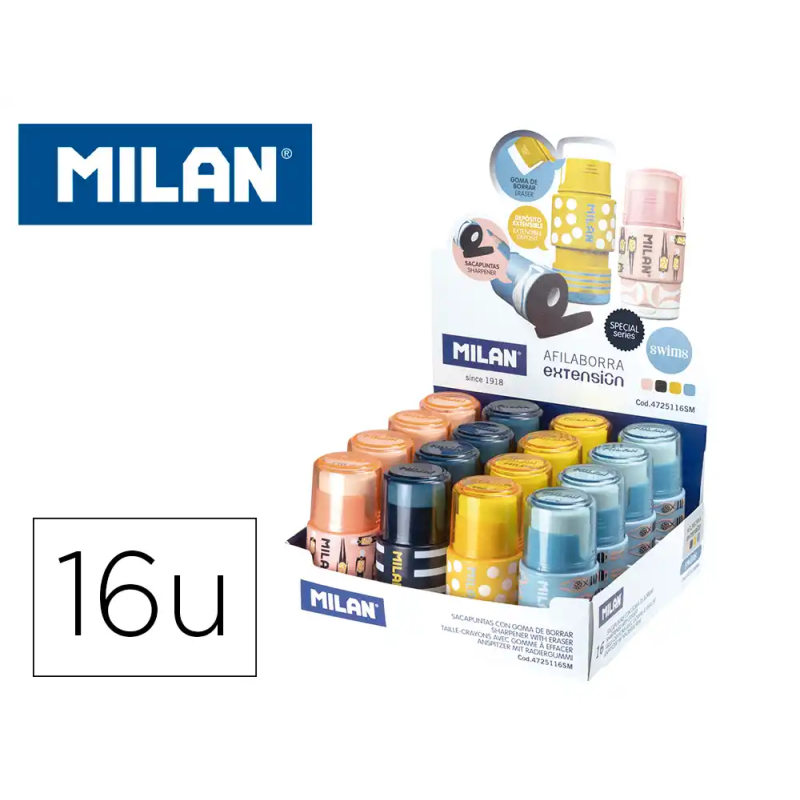 Sacapuntas milan extension plastico con deposito 1 uso con goma de borrar expositor de 16 unidades colores