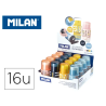 Sacapuntas milan extension plastico con deposito 1 uso con goma de borrar expositor de 16 unidades colores