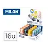 Sacapuntas milan extension plastico con deposito 1 uso con goma de borrar expositor de 16 unidades colores