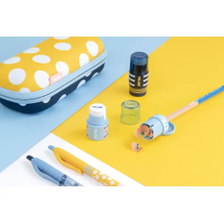Sacapuntas milan extension plastico con deposito 1 uso con goma de borrar expositor de 16 unidades colores