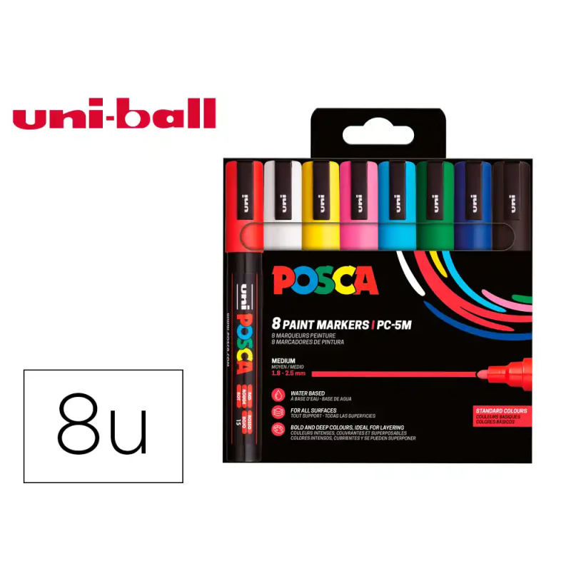 Rotulador uni posca pc-5m/8c marcador de pintura punta conica 1,8-2,5 mm estuche de 8 unidades colores basicos