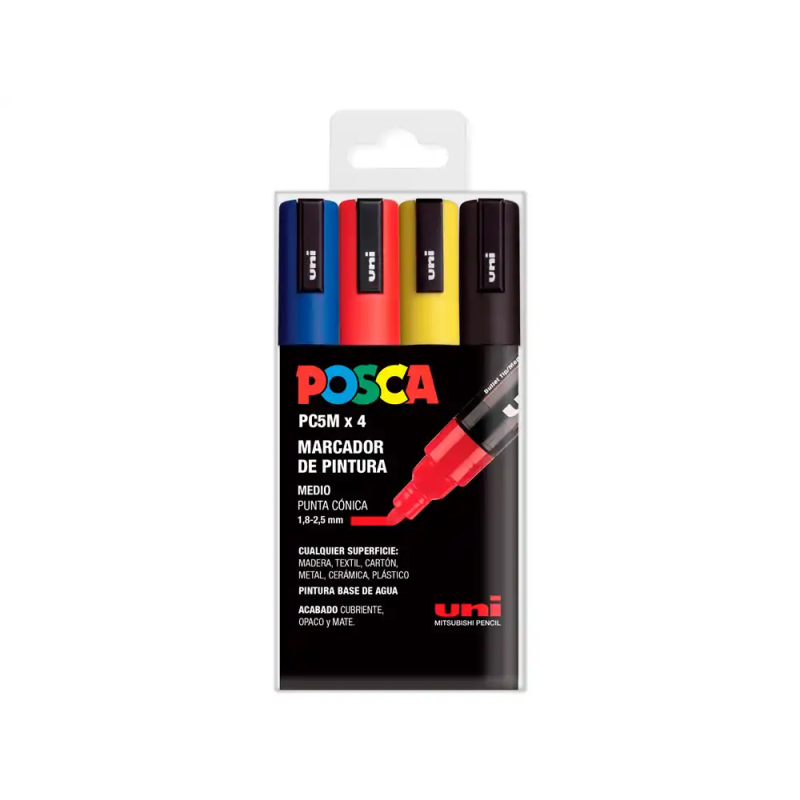 Rotulador uni posca pc-5m/4c marcador de pintura punta conica 1,8-2,5 mm estuche de 4 unidades colores basicos