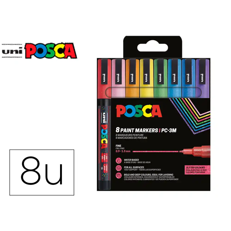 Rotulador uni posca pc-3m/8c marcador de pintura punta conica 0,9-1,3 mm estuche de 8 unidades colores purpurina