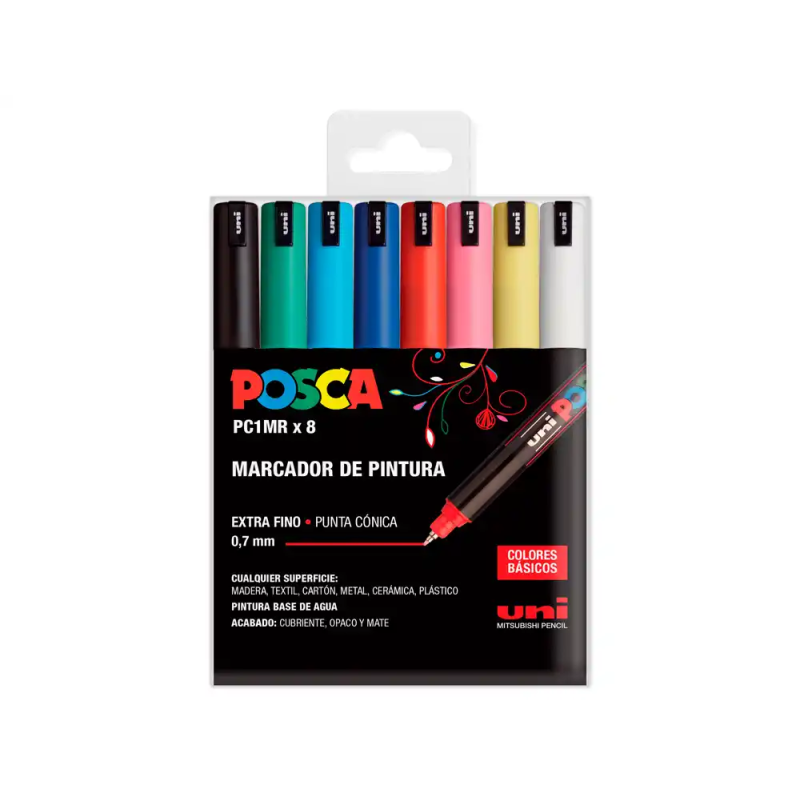 Rotulador uni posca pc1mr/8c marcador de pintura punta extrafina 0,7 mm estuche de 8 unidades colores basicos