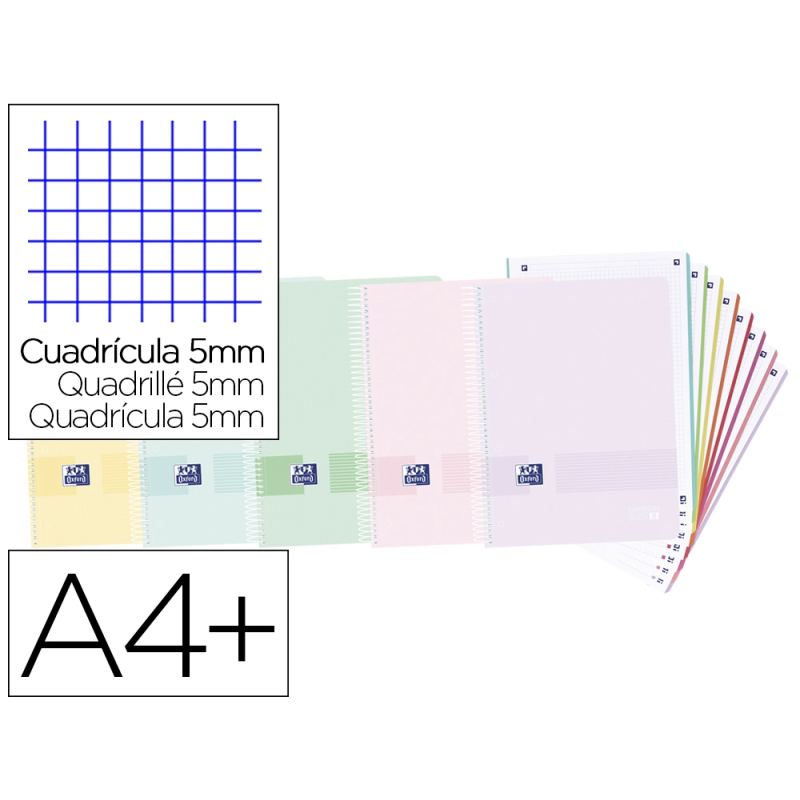 Cuaderno espiral oxford live & you europeanbook 8 tapa polipropileno din a4+ 160 hojas cuadro 5 mm colores