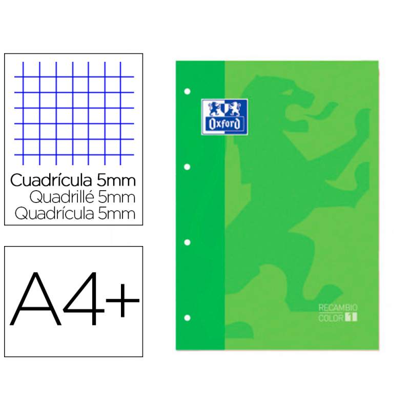 Recambio color 1 oxford din a4+ 80 hojas 90 gr cuadro 5 mm 4 taladros color verde manzana