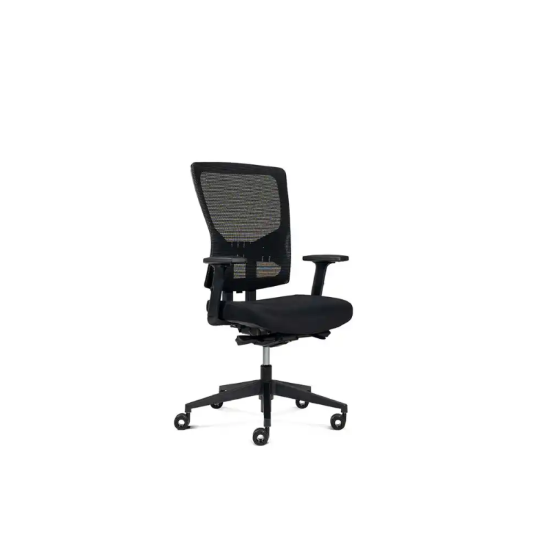 Silla de oficina rocada brazos regulables asiento tela ignifuga y respaldo malla color negro