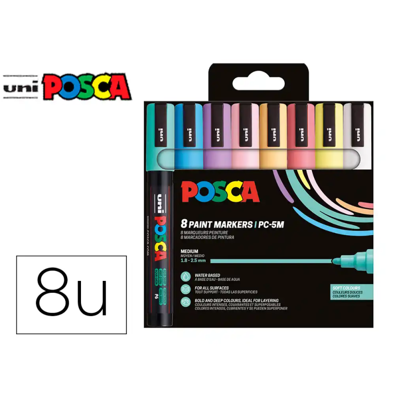 Rotulador uni posca pc-5m/8c marcador de pintura punta conica 1,8-2,5 mm estuche de 8 unidades colores suaves