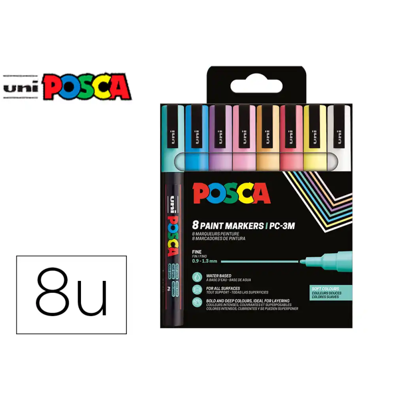 Rotulador uni posca pc-3m/8c marcador de pintura punta conica 0,9-1,3 mm estuche de 8unidades colores suaves