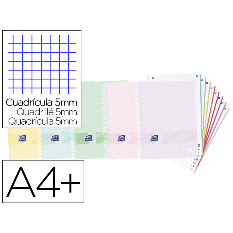 Cuaderno espiral oxford live & you europeanbook 8 tapa polipropileno din a4+ 160 hojas cuadro 5 mm colores