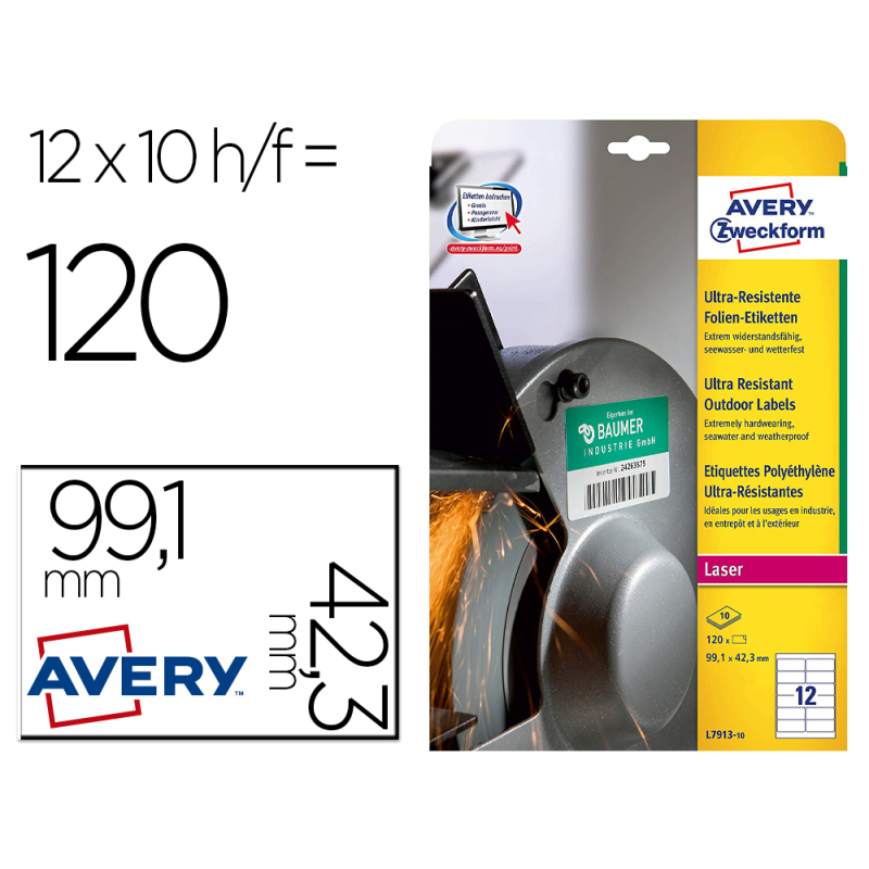 Etiqueta adhesiva avery politileno blanco permanente laser fotocopiadora 99,1x42,3 mm blister 120 unidades