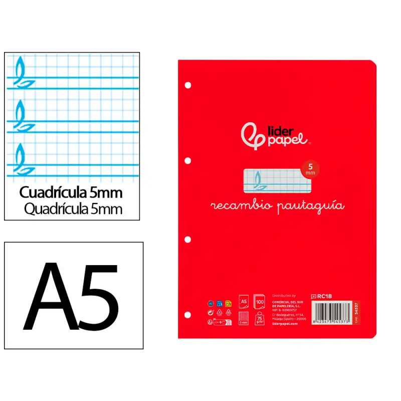 Recambio liderpapel cuarto pautaguia 100 hojas 75gr cuadriculado pautado 5 mm con margen 6 taladros