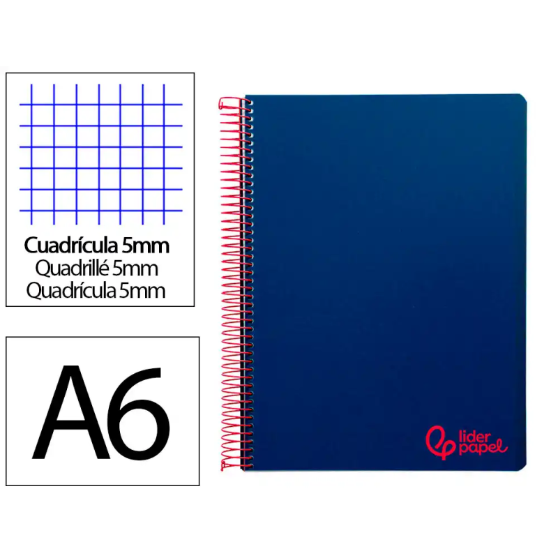 Cuaderno espiral liderpapel a6 micro wonder tapa plastico 120h 90 gr cuadro 5mm 4 bandas color azul marino