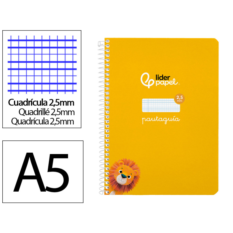 Cuaderno espiral liderpapel a5 pautaguia tapa blanda 40h 75gr cuadro pautado 2,5mm color amarillo