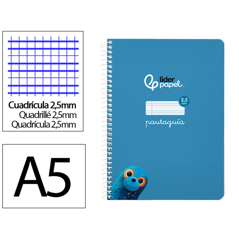 Cuaderno espiral liderpapel a5 pautaguia tapa blanda 40h 75gr cuadro pautado 2,5mm color azul