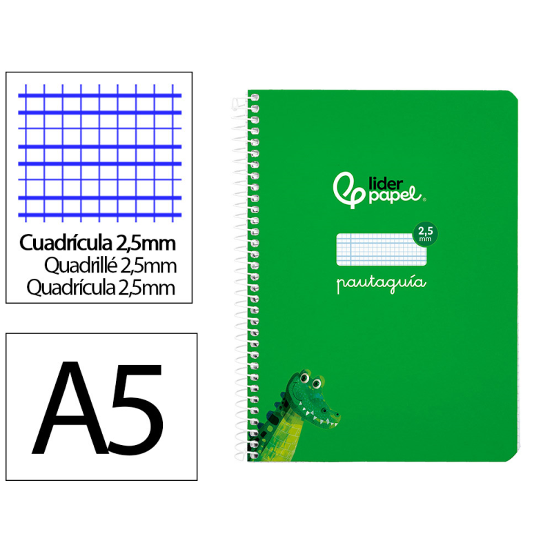 Cuaderno espiral liderpapel a5 pautaguia tapa blanda 40h 75gr cuadro pautado 2,5mm color verde