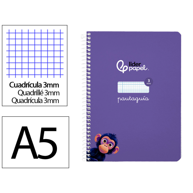 Cuaderno espiral liderpapel a5 pautaguia tapa blanda 40h 75gr cuadro pautado 3mm color lila