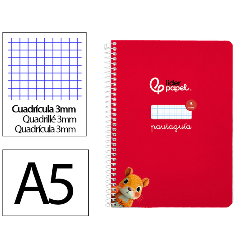 Cuaderno espiral liderpapel a5 pautaguia tapa blanda 40h 75gr cuadro pautado 3mm color rojo