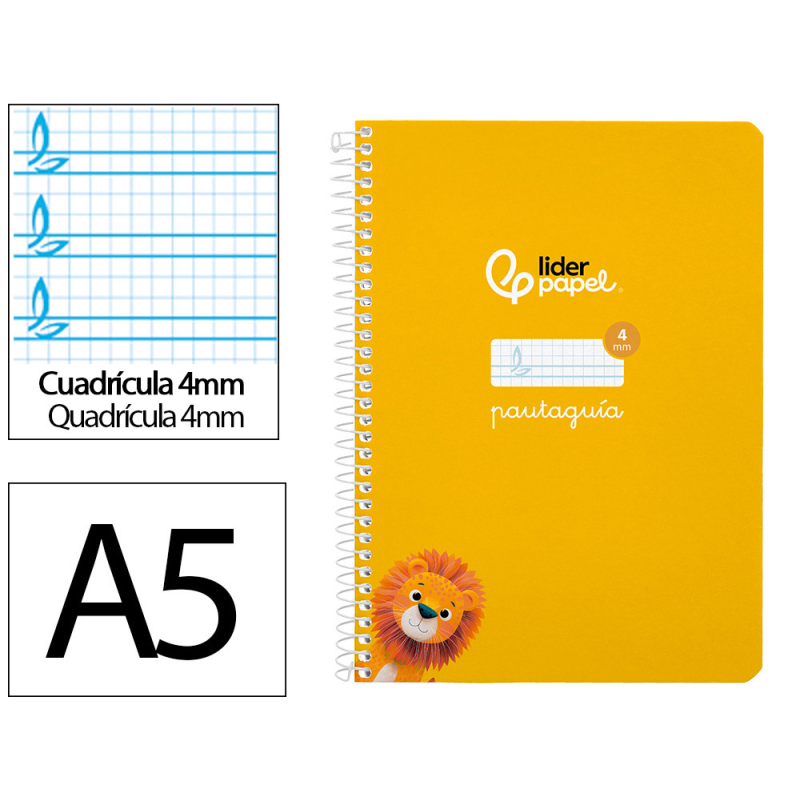 Cuaderno espiral liderpapel a5 pautaguia tapa blanda 40h 75gr cuadro pautado 4mm color amarillo