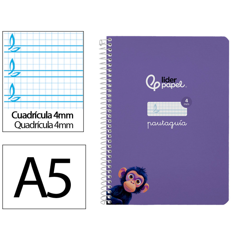 Cuaderno espiral liderpapel a5 pautaguia tapa blanda 40h 75gr cuadro pautado 4mm color lila