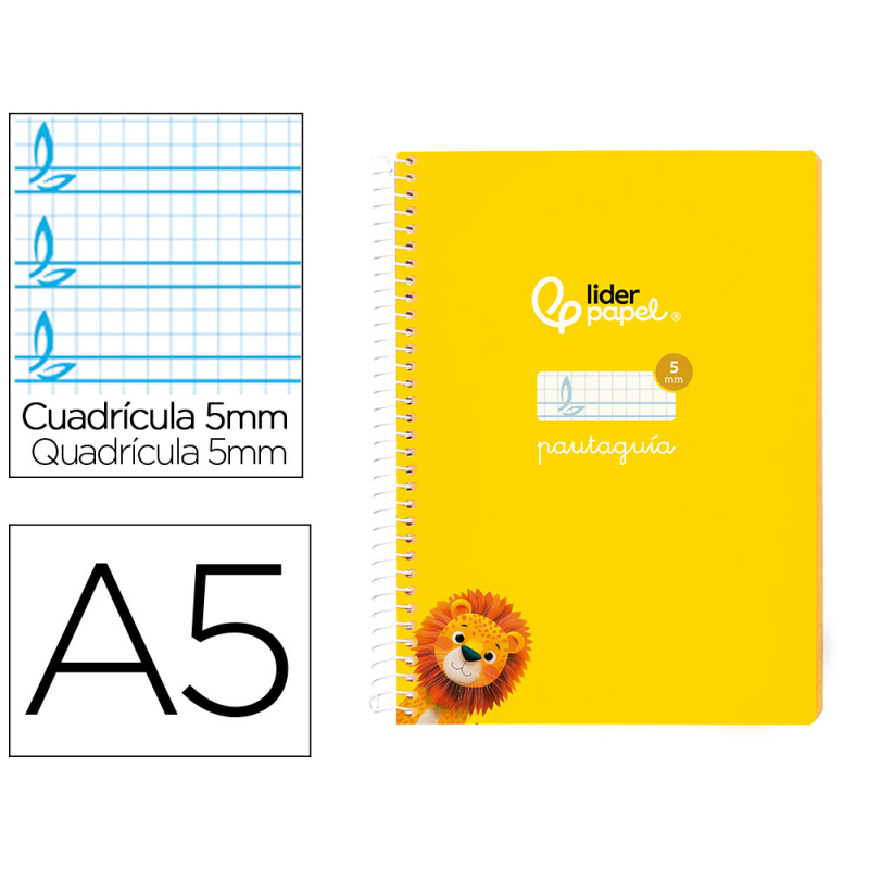 Cuaderno espiral liderpapel a5 pautaguia tapa blanda 40h 75gr cuadro pautado 5mm color amarillo