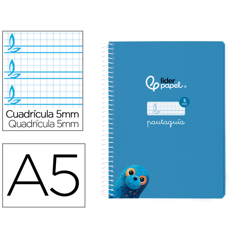 Cuaderno espiral liderpapel a5 pautaguia tapa blanda 40h 75gr cuadro pautado 5mm color azul