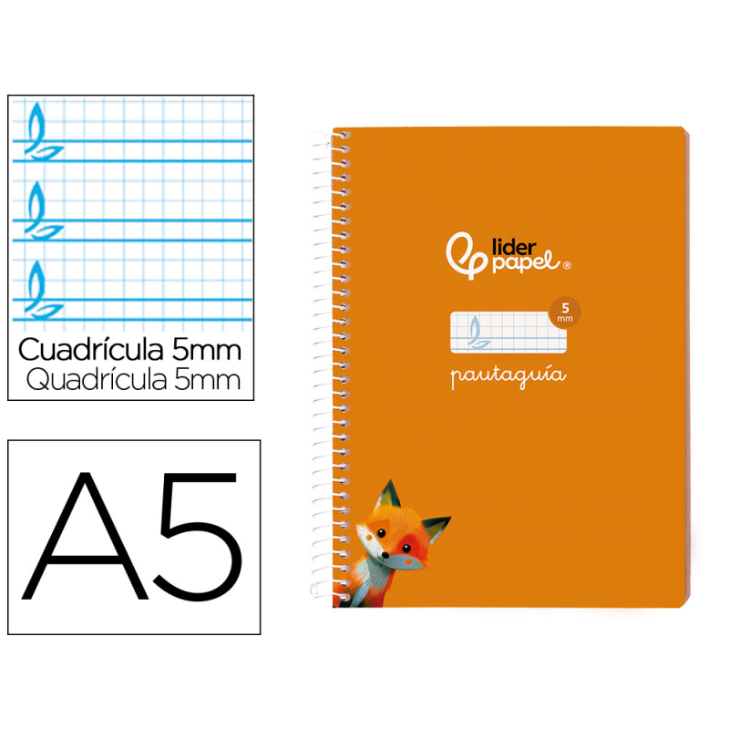 Cuaderno espiral liderpapel a5 pautaguia tapa blanda 40h 75gr cuadro pautado 5mm color naranja