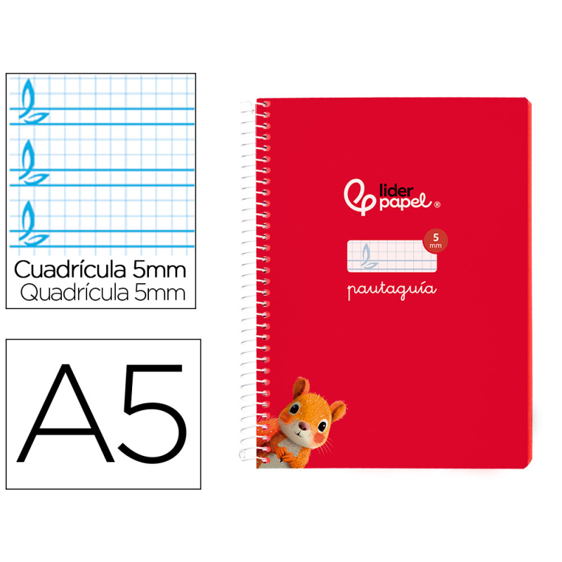 Cuaderno espiral liderpapel a5 pautaguia tapa blanda 40h 75gr cuadro pautado 5mm color rojo