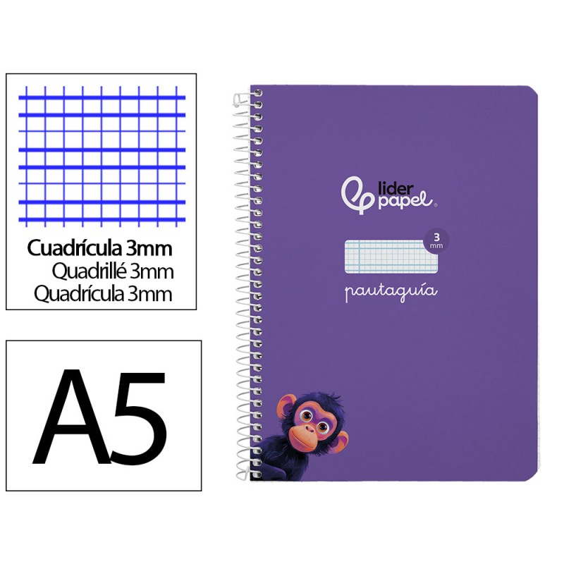 Cuaderno espiral liderpapel a5 pautaguia tapa dura 80h 90gr cuadro pautado 3mm color lila
