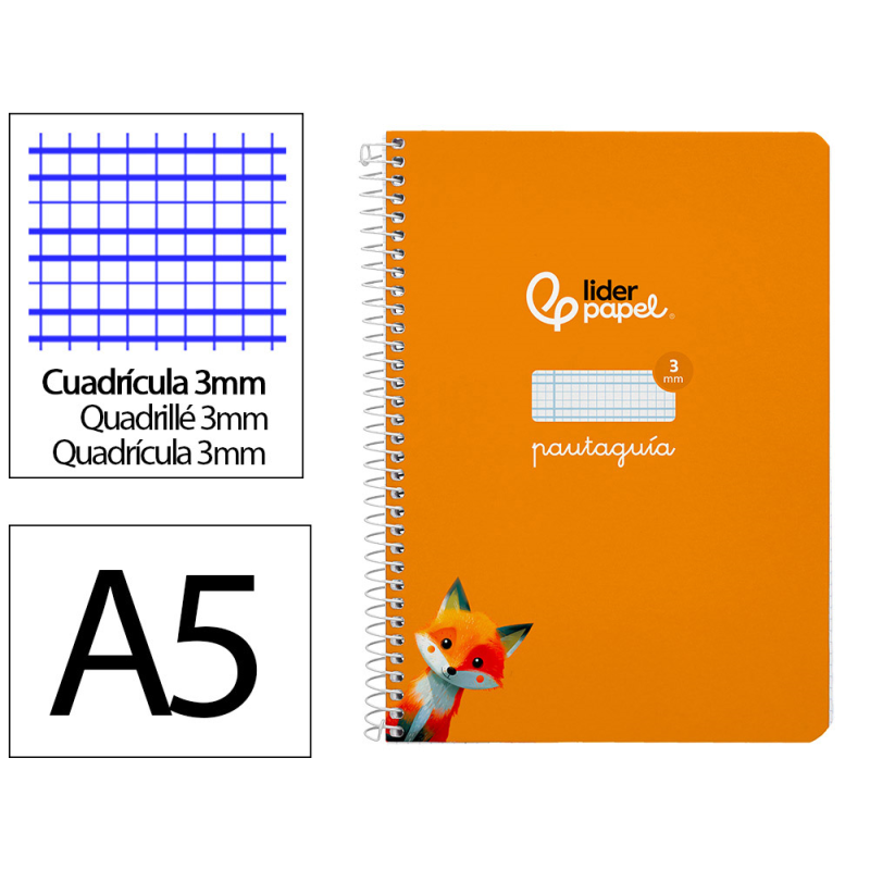Cuaderno espiral liderpapel a5 pautaguia tapa dura 80h 90gr cuadro pautado 3mm color naranja