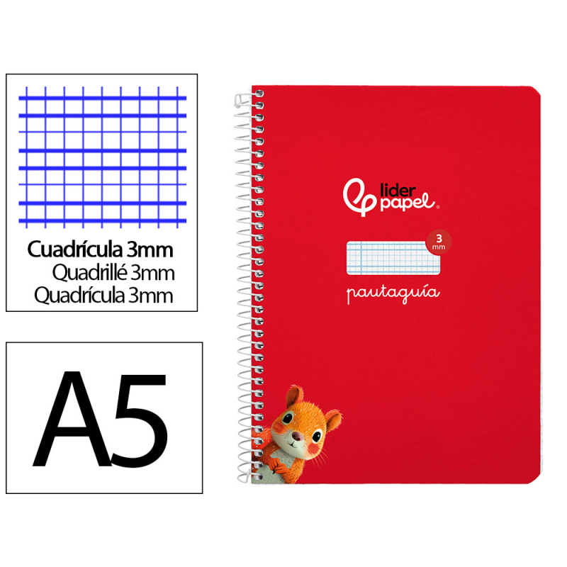 Cuaderno espiral liderpapel a5 pautaguia tapa dura 80h 90gr cuadro pautado 3mm color rojo