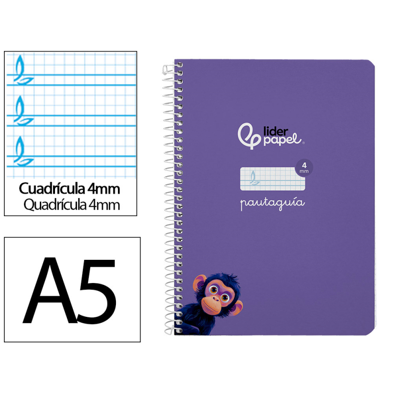 Cuaderno espiral liderpapel a5 pautaguia tapa dura 80h 90gr cuadro pautado 4mm color lila