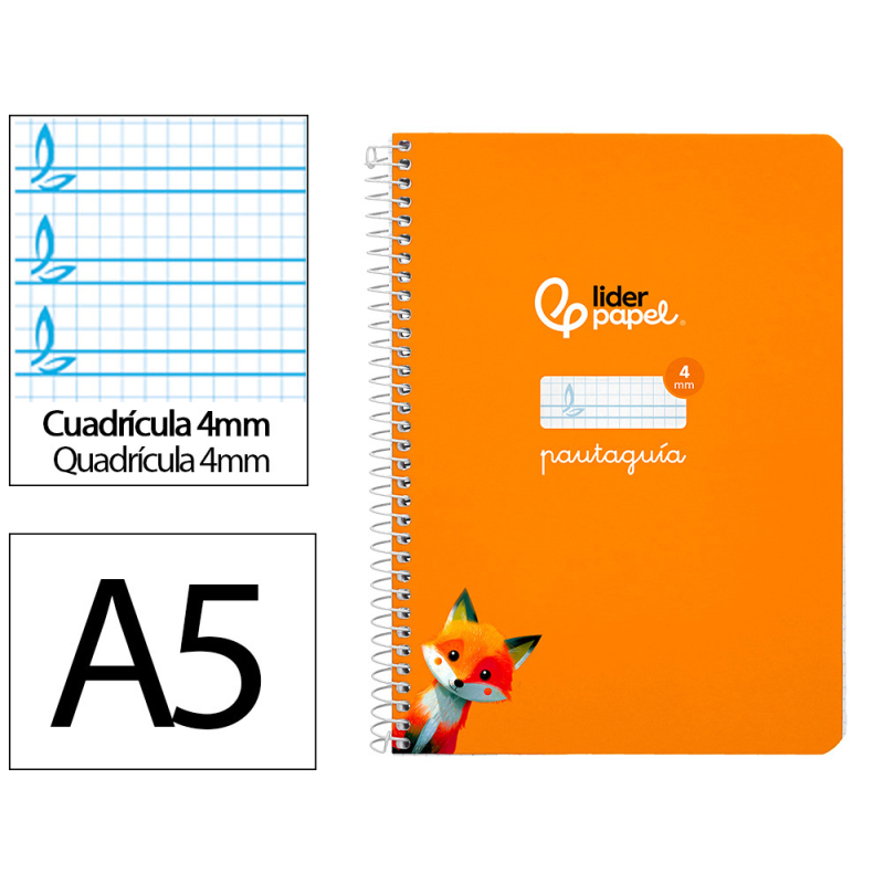 Cuaderno espiral liderpapel a5 pautaguia tapa dura 80h 90gr cuadro pautado 4mm color naranja