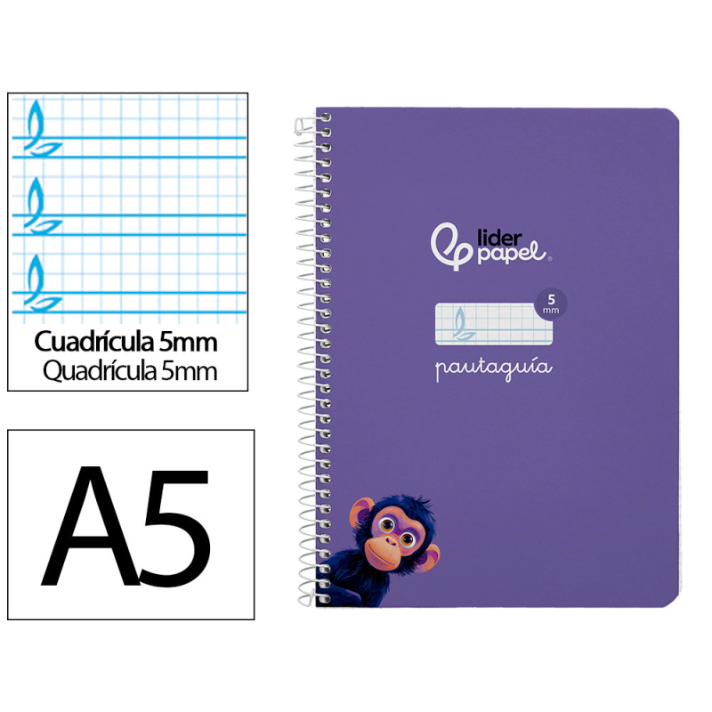 Cuaderno espiral liderpapel a5 pautaguia tapa dura 80h 90gr cuadro pautado 5mm color lila