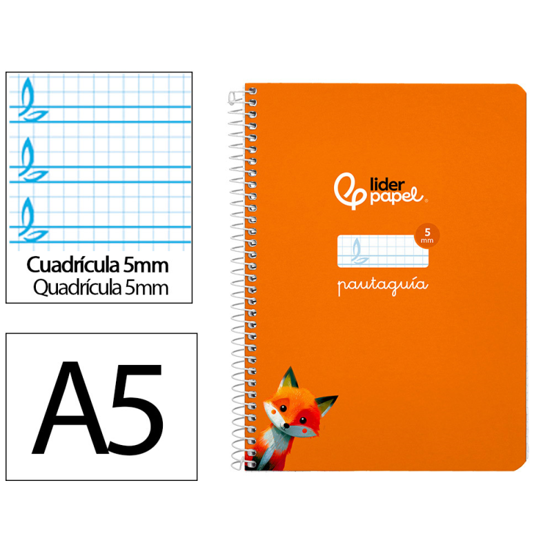 Cuaderno espiral liderpapel a5 pautaguia tapa dura 80h 90 gr cuadro pautado 5mm color naranja
