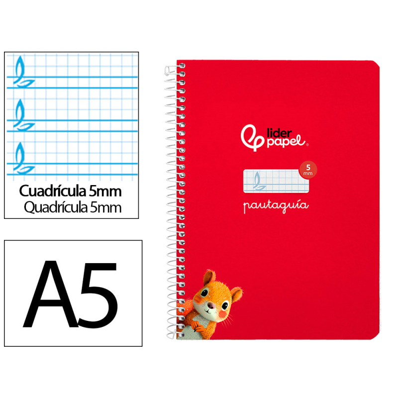 Cuaderno espiral liderpapel a5 pautaguia tapa dura 80h 90 gr cuadro pautado 5mm color rojo
