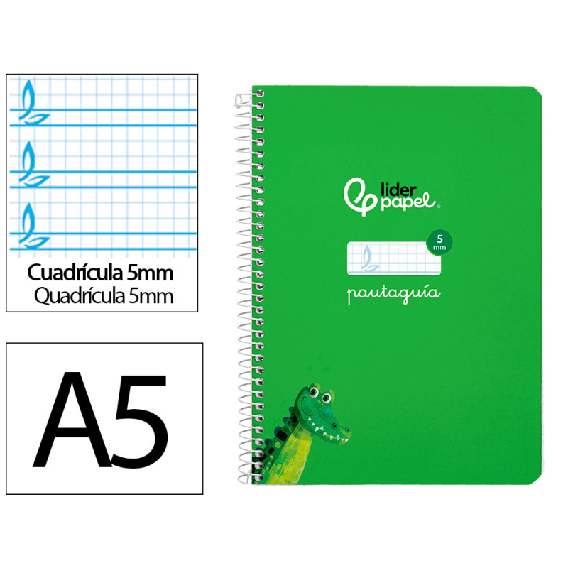 Cuaderno espiral liderpapel a5 pautaguia tapa dura 80h 90 gr cuadro pautado 5mm color verde
