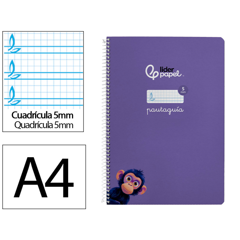 Cuaderno espiral liderpapel a4 pautaguia tapa blanda 80h 75gr cuadro pautado 5mm color lila
