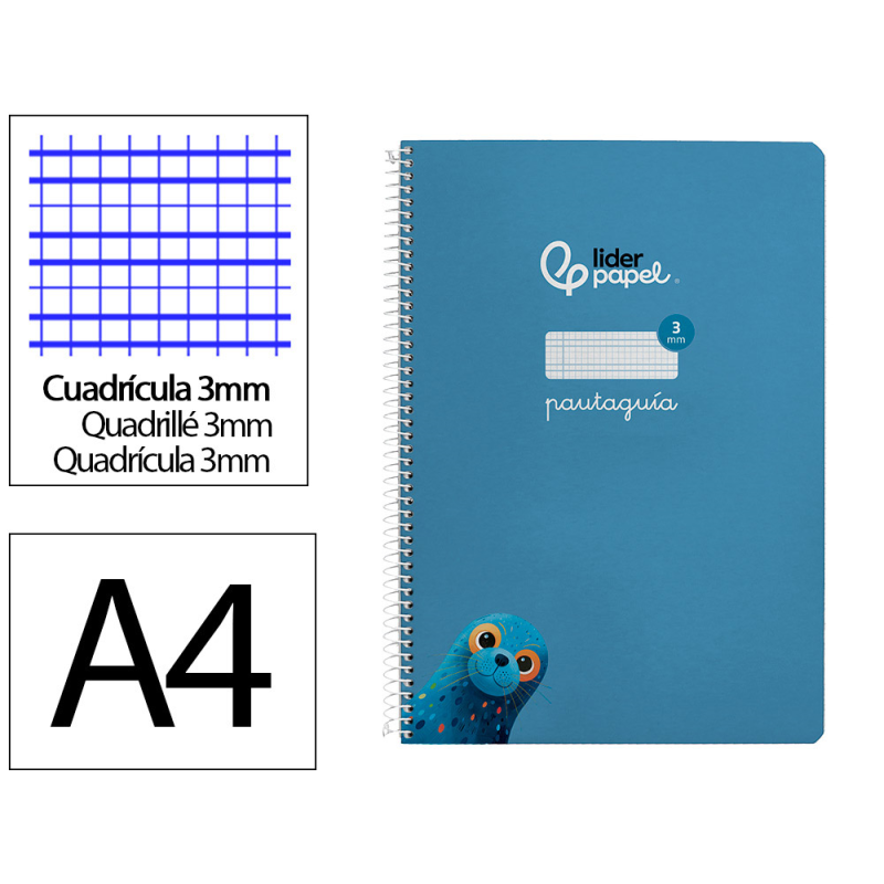 Cuaderno espiral liderpapel a4 pautaguia tapa dura 80h 90 gr cuadro pautado 3mm color azul