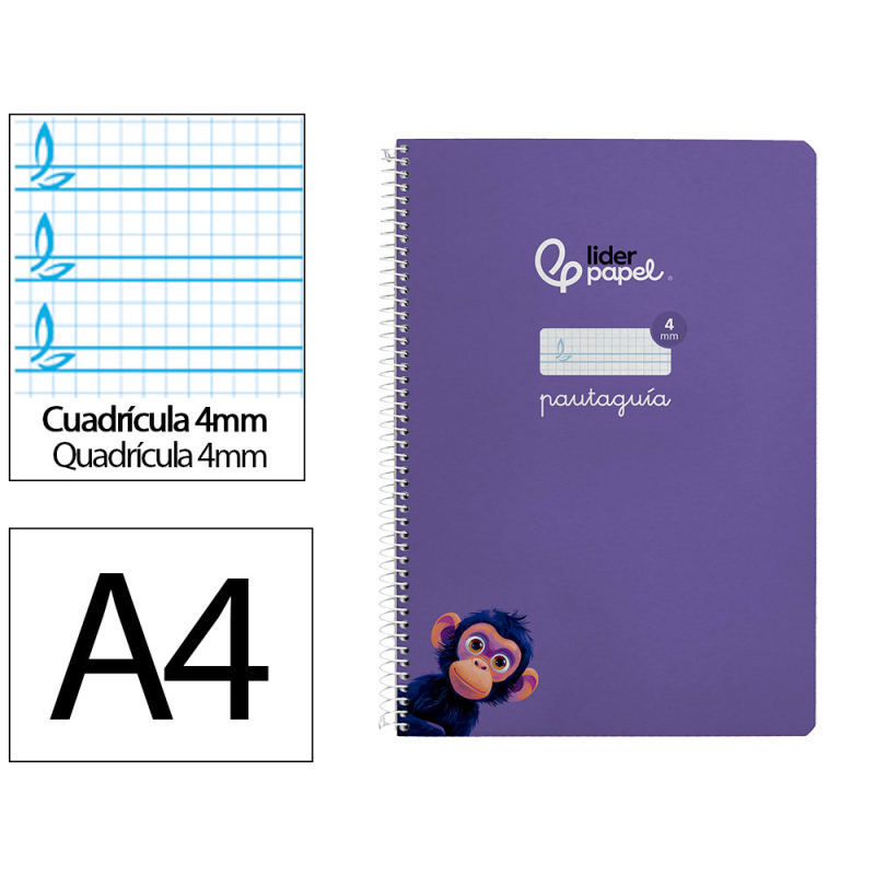 Cuaderno espiral liderpapel a4 pautaguia tapa dura 80h 90gr cuadro pautado 4mm color lila