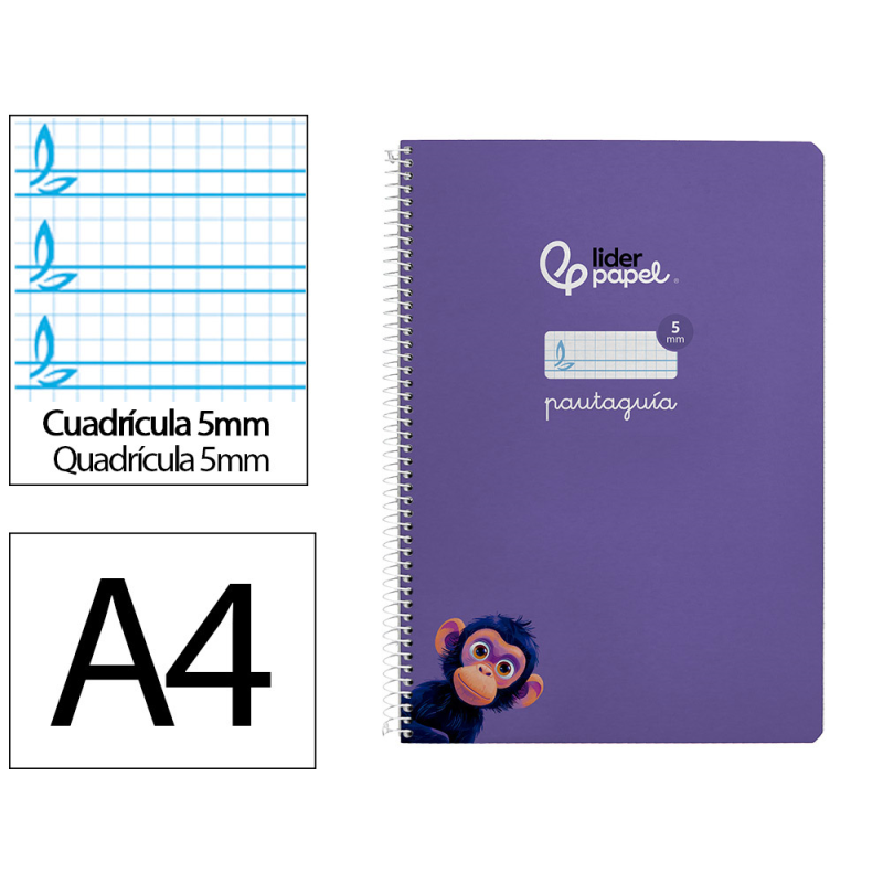 Cuaderno espiral liderpapel a4 pautaguia tapa dura 80h 90gr cuadro pautado 5mm color lila